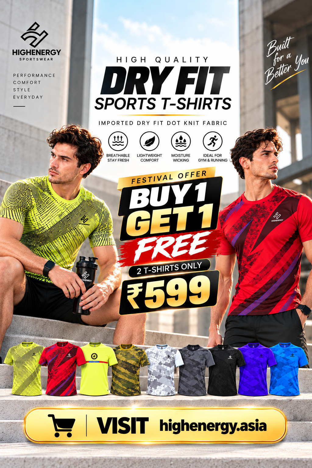 Dry Fit 3D Design Half Sleeves Sports T-Shirts Buy 1, Get 1 Free (Combo of 2)